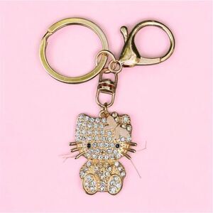 New Hello Kitty Gold Rhinestone/Crystal Sparkle Keychain Pink Bow
